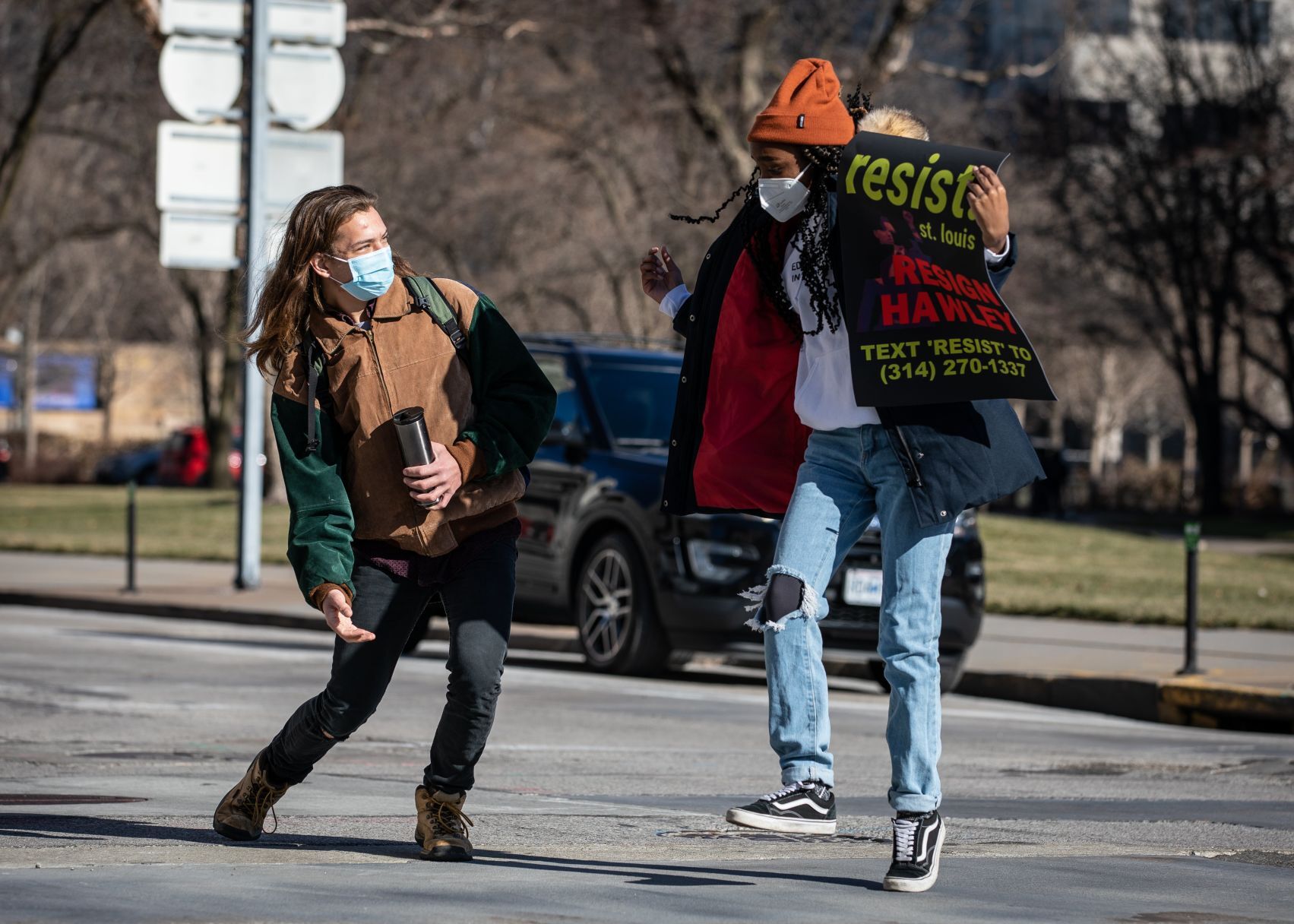 Demonstrators demand Hawley's resignation at downtown protest